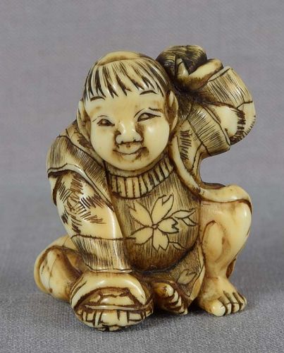 19c netsuke BOY striking TURTLE