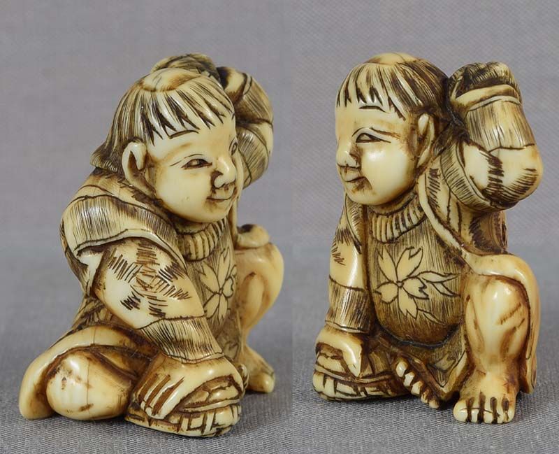 19c netsuke BOY striking TURTLE (item #1487584)