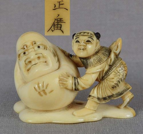 19c netsuke BOY & DARUMA SNOWMAN by MASAHIRO