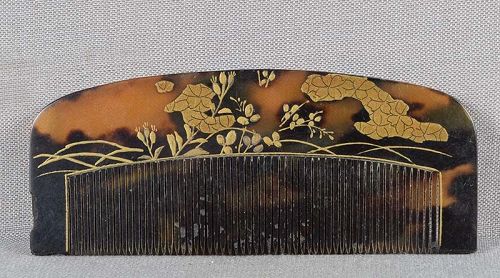 19c Japanese lacquer turtle shell KUSHI hair COMB maple leaves