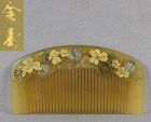 19c Japanese horn KUSHI hair COMB flowers mother of pearl by YOSAI