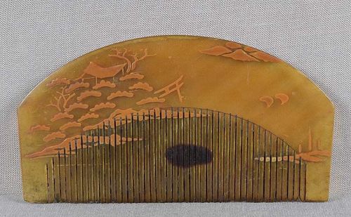 19c Japanese lacquer buffalo horn KUSHI hair COMB scholarly landscape