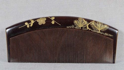 19c Japanese lacquer KUSHI hair COMB pine & prunus