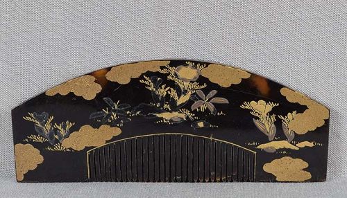 19c Japanese lacquer turtle shell KUSHI hair COMB grass flowers vapor