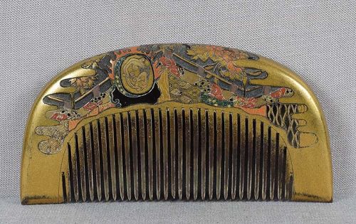 19c Japanese lacquer horn KUSHI hair COMB drum in garden