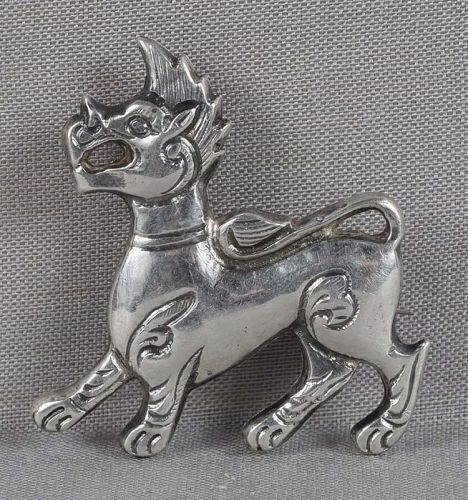 Vintage Chinese silver PIN MYTHICAL ANIMAL huodou