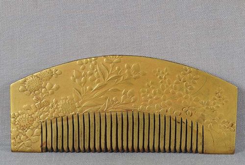 19c Japanese lacquer KUSHI hair COMB MEADOW grasses & flowers