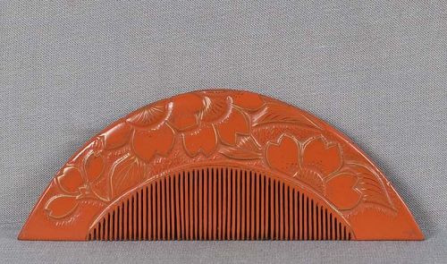 19c Japanese lacquer KUSHI hair COMB landscapes & flowers