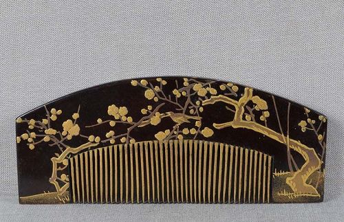 19c Japanese lacquer KUSHI hair COMB MAGPIE prunus pines