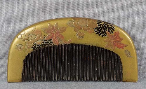 19c Japanese lacquer KUSHI hair COMB FLOWERS MAPLE LEAVES