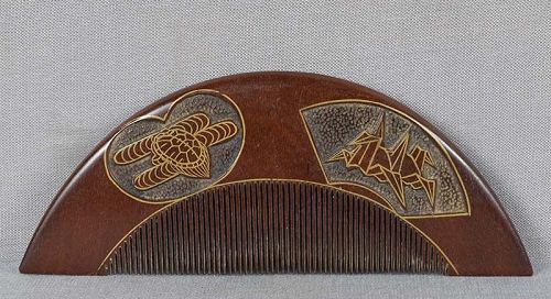 19c Japanese lacquer KUSHI hair COMB ORIGAMI & flowers