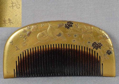 19c Japanese lacquer KUSHI hair COMB QUAILS by TORIN