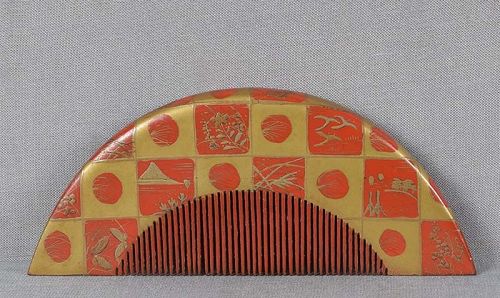 19c Japanese lacquer KUSHI hair COMB landscapes & flowers