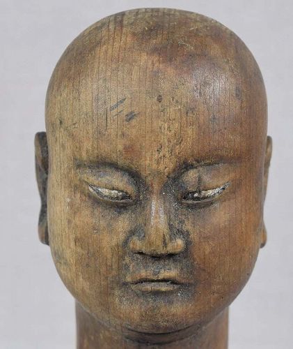 19c devotional Japanese sculpture HEAD OF MONK inscribed