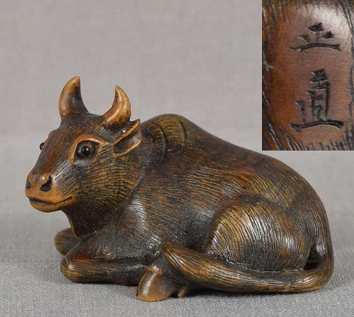 19c netsuke RESTING OX by MASANAO of Ise (item #1509513)