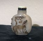 19C Chinese Carved Cameo Agate Snuff Bottle Horse Scholar Jadeite Top