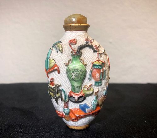 19C Chinese Imperial Enameled and Molded Porcelain Snuff Bottle