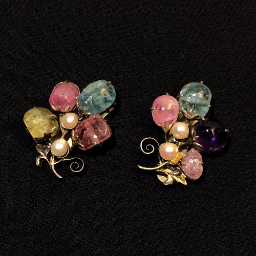 Pair 19C 20C Chinese Tourmaline Pearl Amethyst Silver Fruit Clip Pins