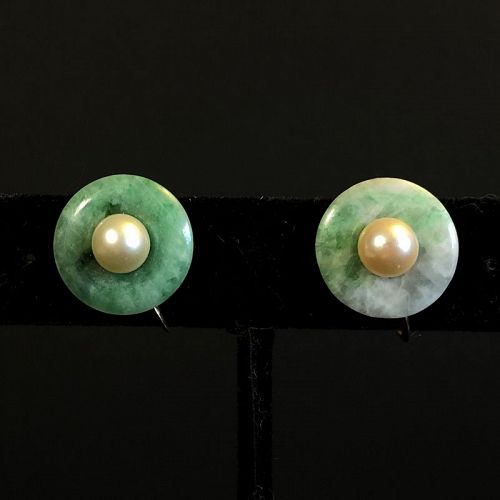Art Deco Chinese 14K Gold Natural Jadeite Pearl Earrings