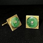 Vintage Mid-Century 14K Gold Diamond Natural Jadeite Cufflinks