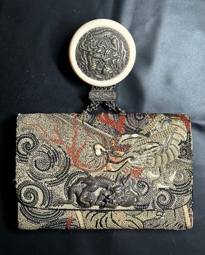 Japanese Tobacco Pouch Tabako Ire with Silver Dragon, Meiji Period.