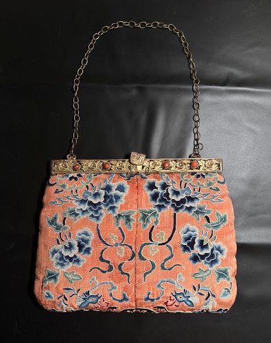 Antique Chinese Silk Embroidery Purse with Coral, Early 20th Century