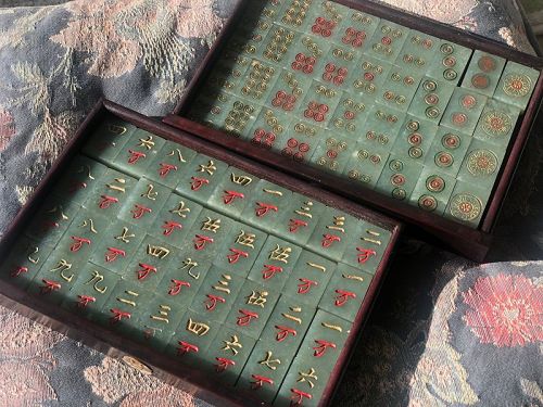 Chinese Celadon Jade Mahjong Set in a Rosewood Box, Republic Period
