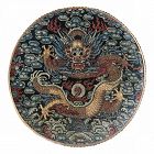 Chinese Embroidered Silk Dragon Roundel, Qing Dynasty