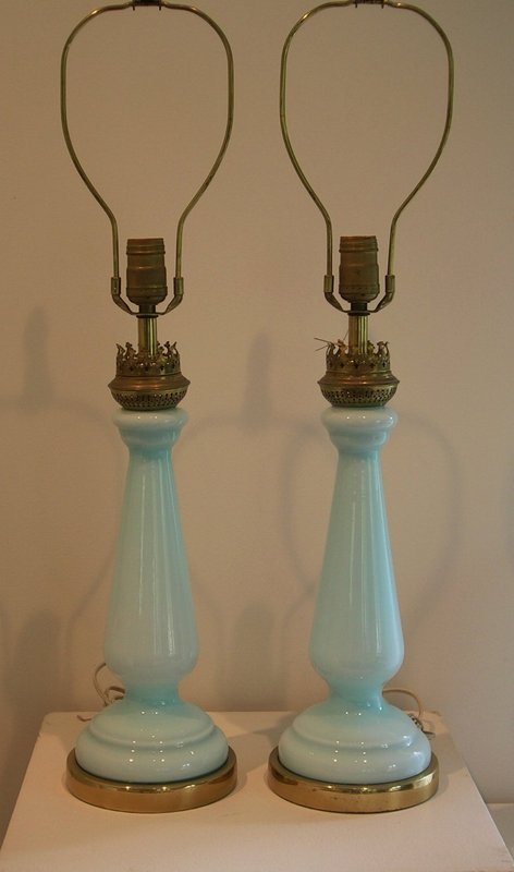 Mid-century blue opalino lamps pair attr. to Seguso