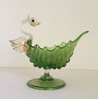 Salviati Vintage Glass Green Shell Pedestal Bowl with Swan 1900s