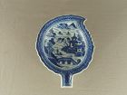 Chinese Porcelain Blue and White Canton Pattern Leaf Dish 19th Century