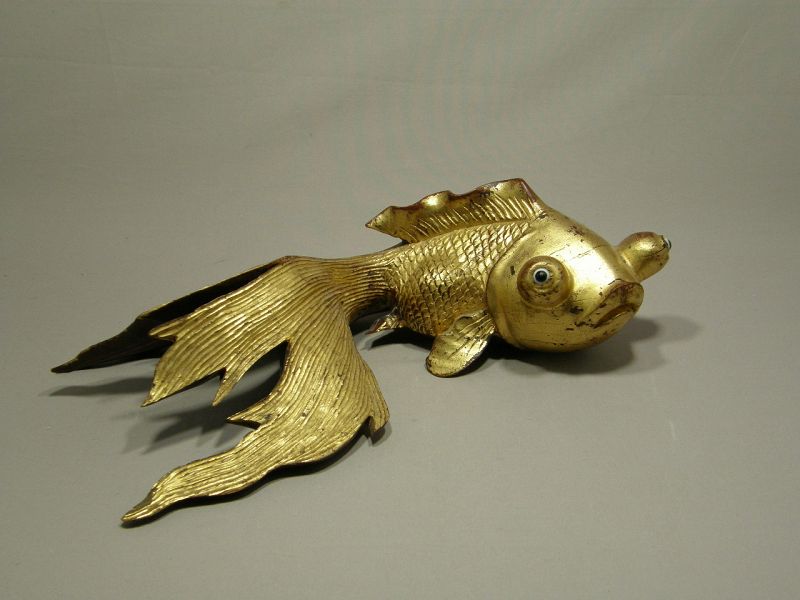 Large Chinese Wooden Goldfish Glass Eyes Fan Tail Circa 1920