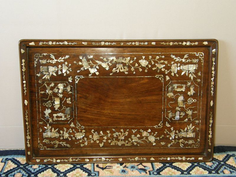Lot 653 - Antique Chinese teak and mother of pearl