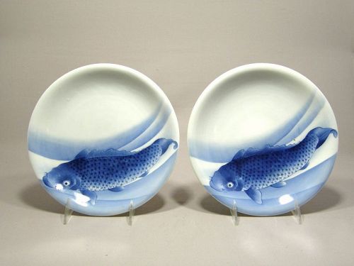 Pair Japanese Hirado Dishes Blue and White Fish Circa 1900