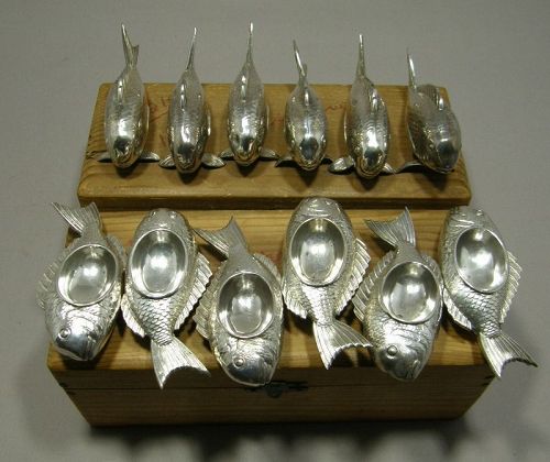 Six Pairs Japanese Sterling Silver Fish Shape Salt and Pepper Ca:1920