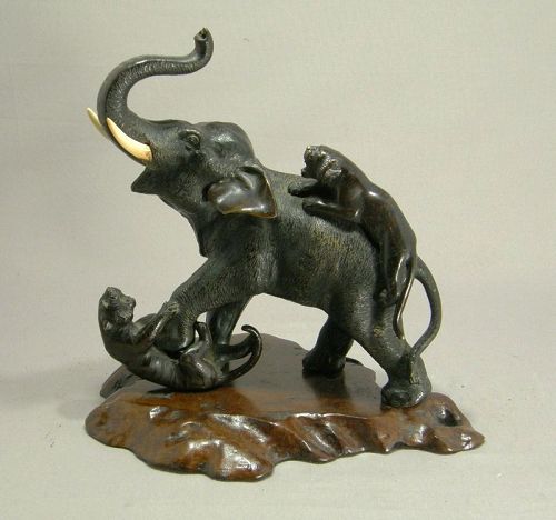 Japanese Bronze Elephant Tigers Meiji 1868-1912