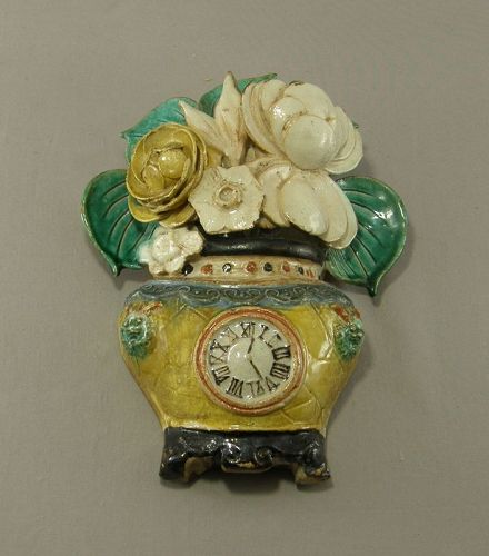 Antique Chinese Pottery Wall Vase Jar Clock Flowers Circa 1900