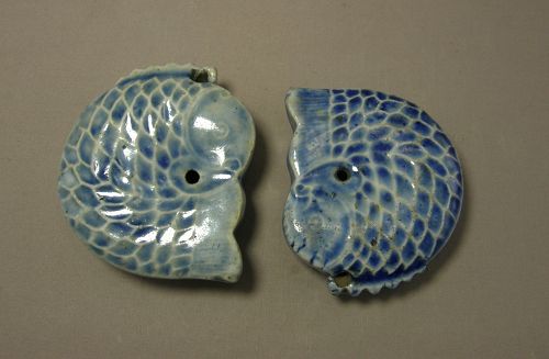 Two Korean Porcelain Fish Shaped Water Droppers Blue Joseon Dynasty