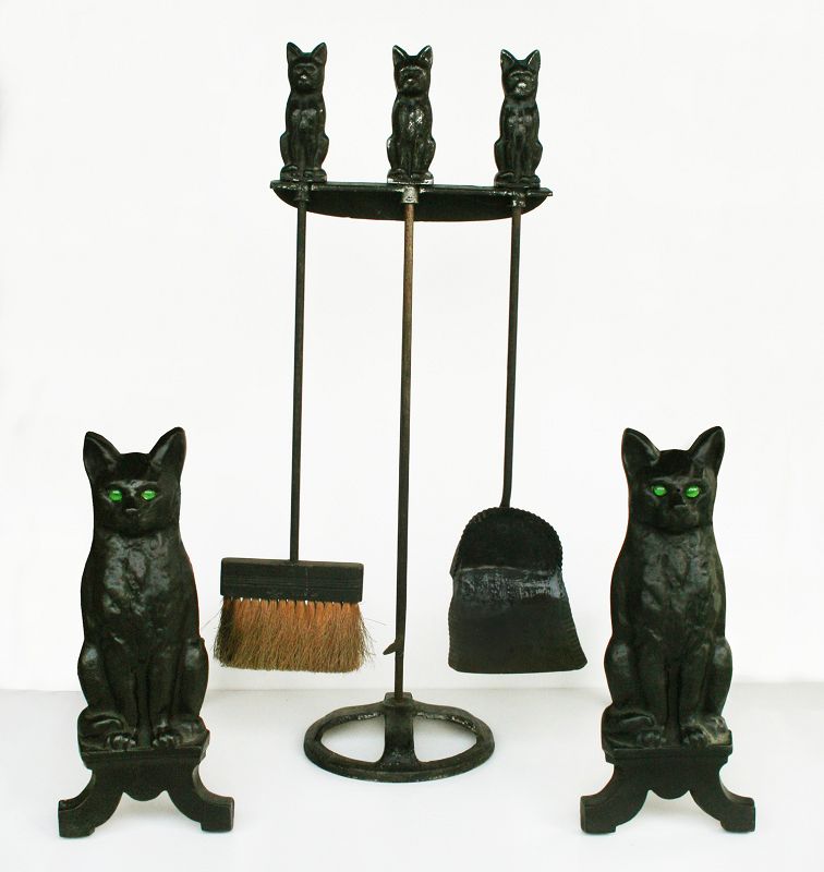 Antique Cat Andirons and Tools Set, RARE