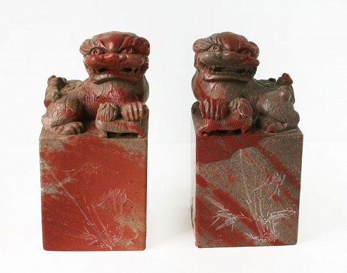 Pair of Chinese Carved Soapstone Foo Dogs