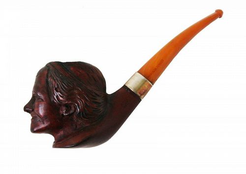 Vintage Carved Pipe, Head of a Man, Sterling Band