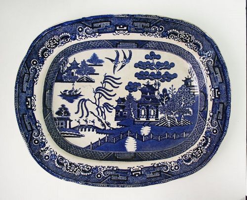 Antique Blue Willow Iron Stone Platter