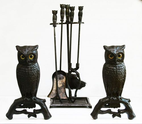 Antique Owl Andirons with Tools