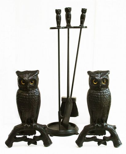 Antique Owl Andirons with Tools