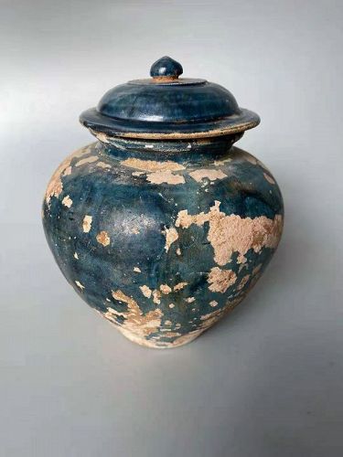 Chinese Tang Dynasty Sancai Blue Glaze Jar with Lid