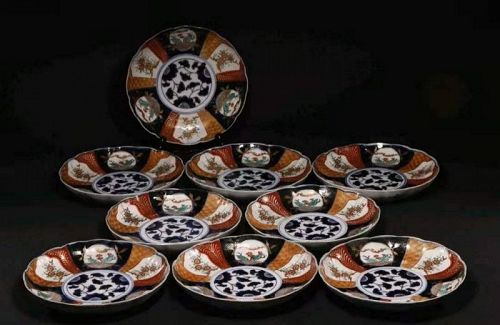 Set of 9 Japanese Meiji Period Koimari Foliated Plate