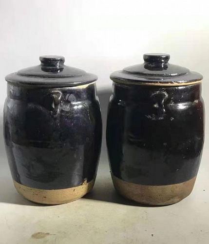 Pair of Chinese Qing Dynasty Black Glaze Lided Jars
