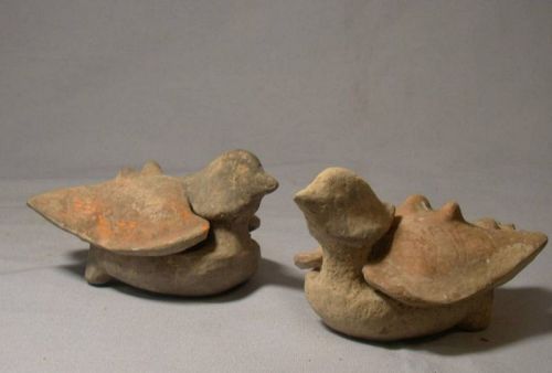 Pair of Chinese Han to Six Dynasties Pottery Bird Shape Cover Boxes