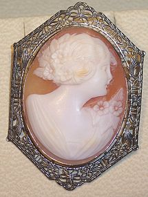 Antique Shell 10k White Filigree Gold Cameo Brooch Pin