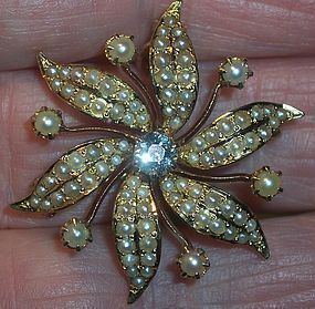 Victorian 14k Gold Sun Burst Pearl Brooch Pin Lavalier